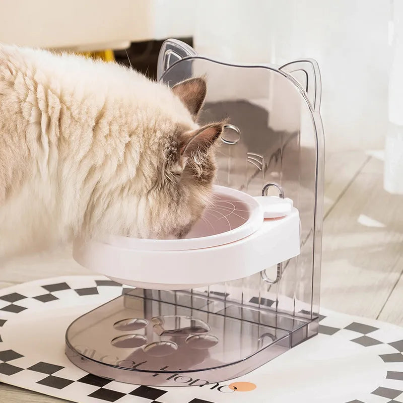 Grey cat feeding bowl with cat ears neck protection collar and adjustable height mechanism