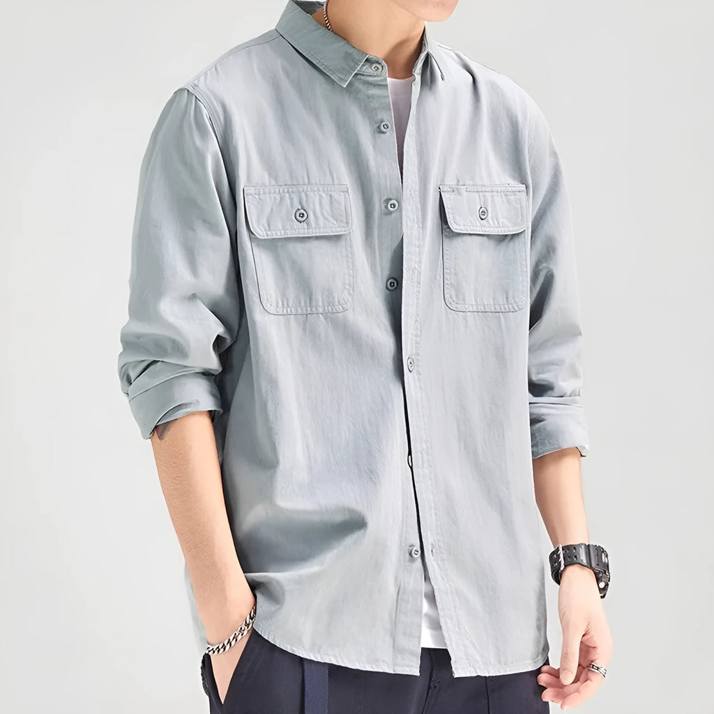 Men's loose fit long sleeve shirt overalls in cardigan style with polyester construction