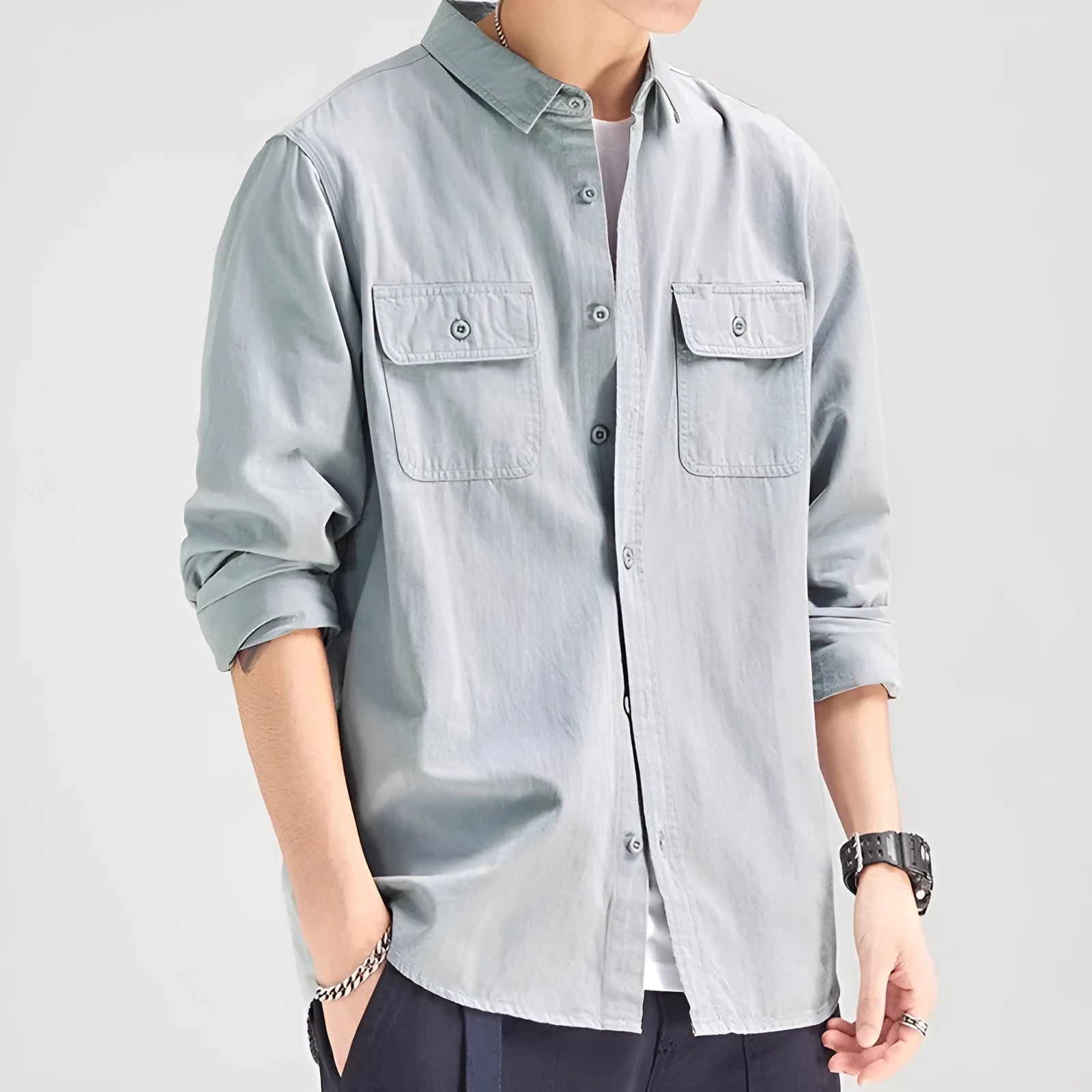 Men's loose fit long sleeve shirt overalls in cardigan style with polyester construction