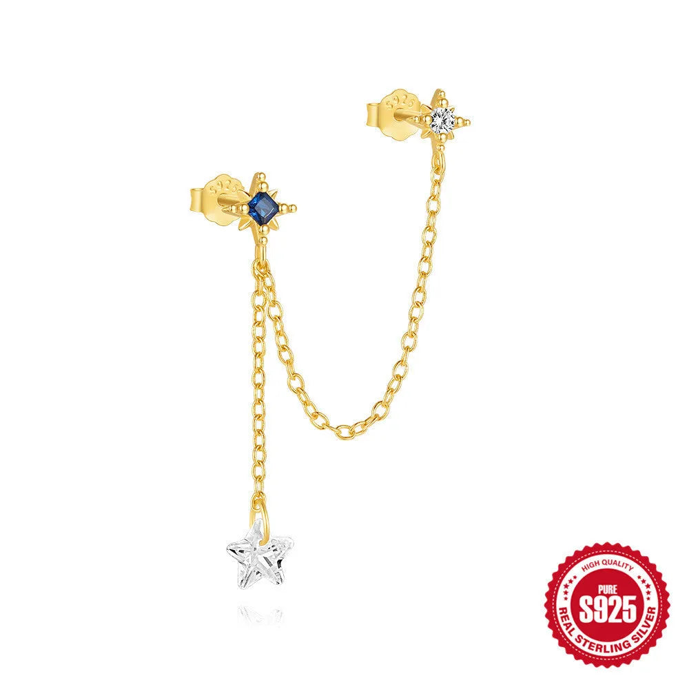 S925 sterling silver zircon geometric stud earrings with gold-plated finishes in clover, crown and chain designs