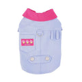 Blue and purple polyester vest for a small dog with a front metal D-ring for a lead.