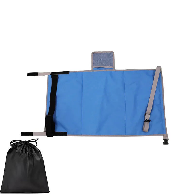 Portable blue nylon children's aircraft pedal seat extender with extension device