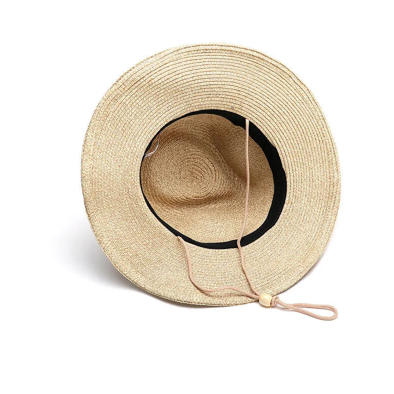 Men's foldable straw sun hat with wide brim in mixed beige colour showing size options