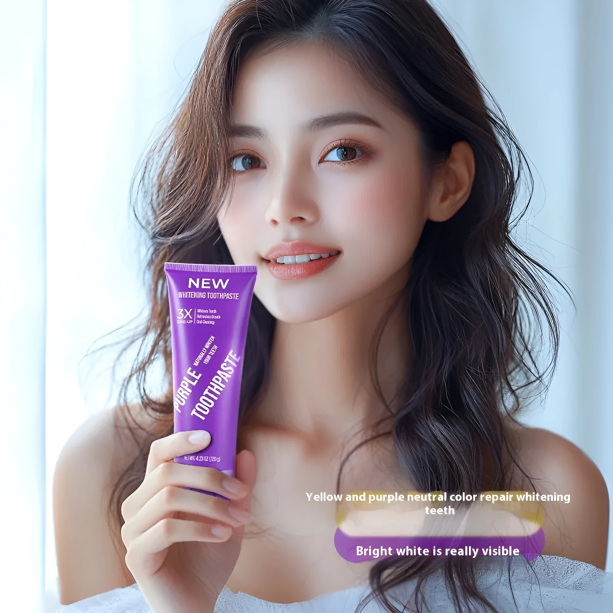 Purple whitening toothpaste tube for adult tooth discolouration treatment