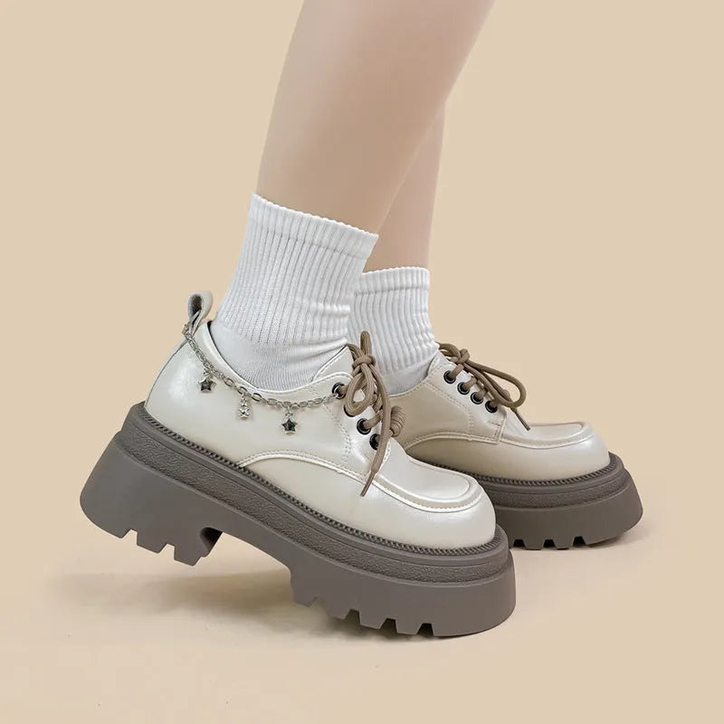 White platform leather shoes with chunky 6-8cm heels and Mary Jane style front lace-up design