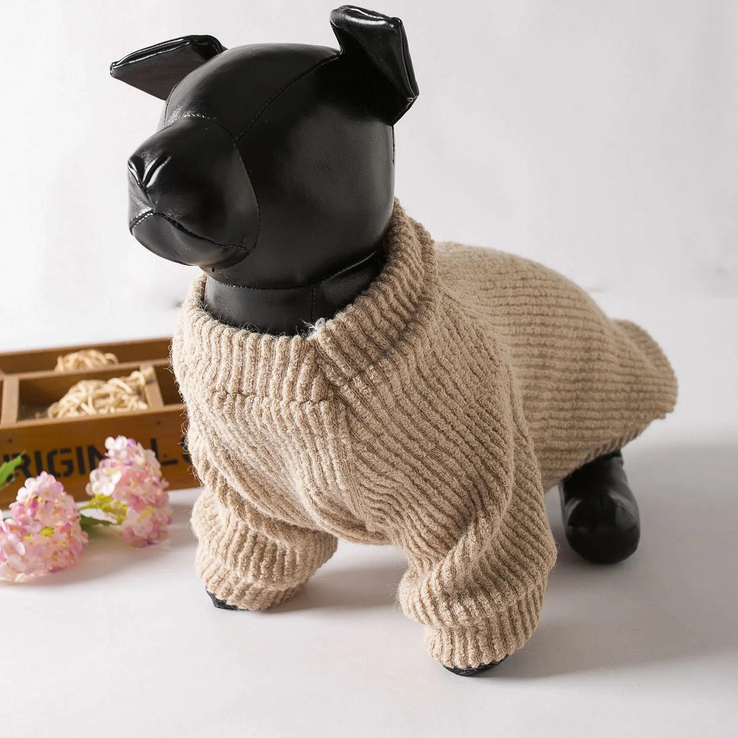 Brown cloth dog sweater pullover on a small dog, showing casual fit.