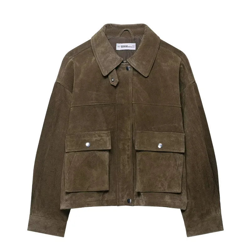 Women's medium thickness PU jacket in picture colour with regular fit, Japanese Korean casual style