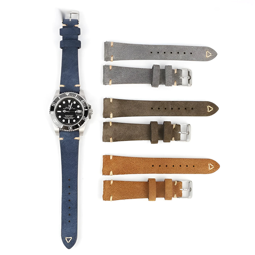 Genuine suede leather watch strap in brown, blue, grey, or Army Green