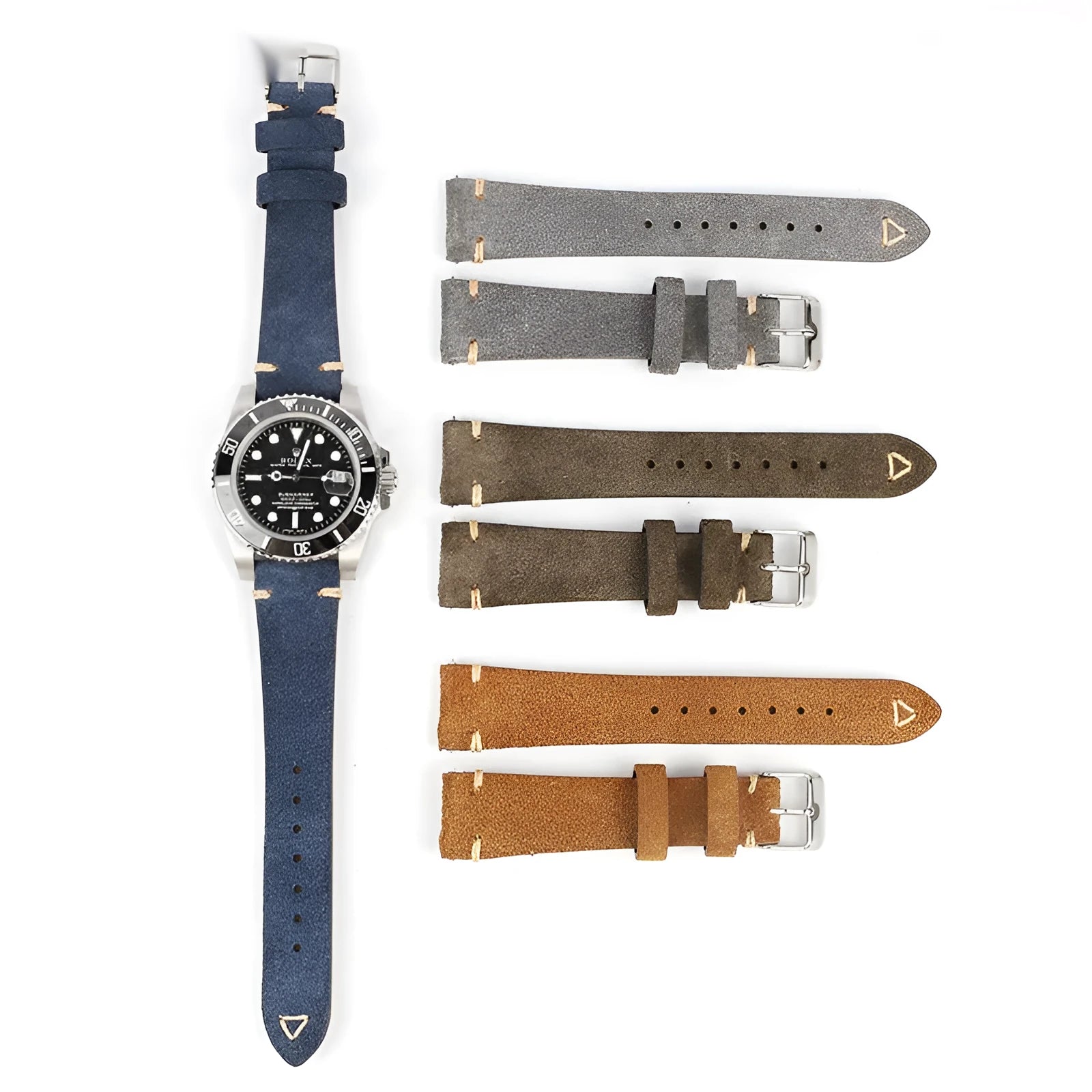 Genuine suede leather watch strap in brown, blue, grey, or Army Green