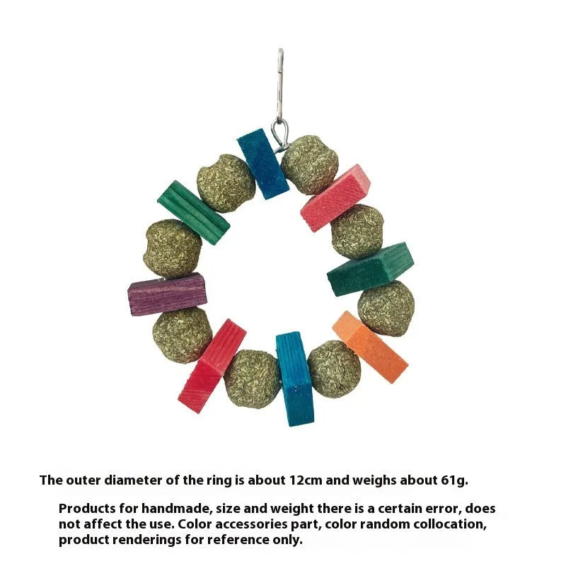 Colourful hamster chewing toy with straw ball rings and applewood rods for small pet dental health