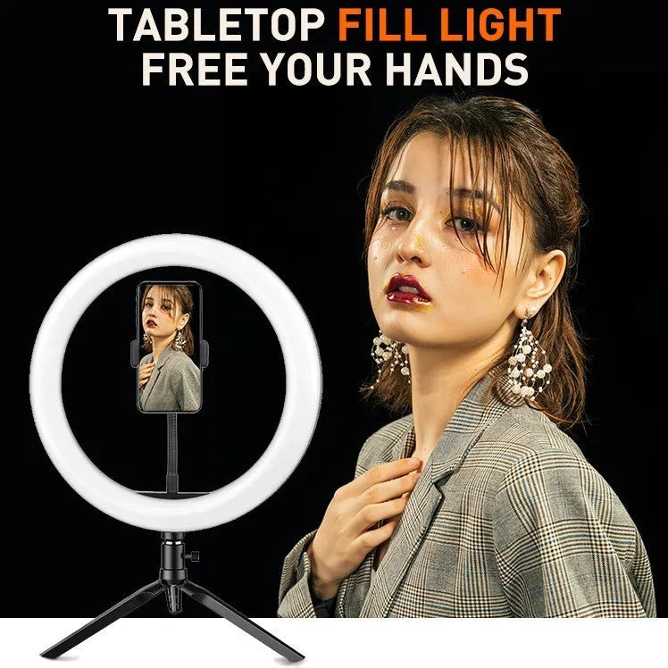 White metal desktop bracket fill light 10 inch 26 cm ring light with tripod and phone clip