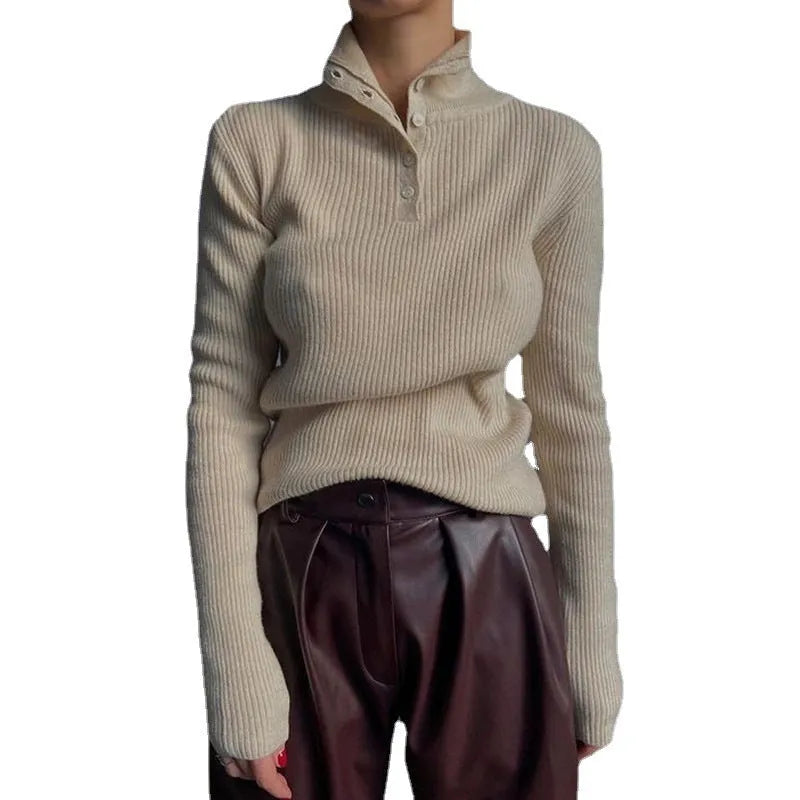 Women's retro breasted half turtleneck pullover sweater in spandex cotton blend fabric