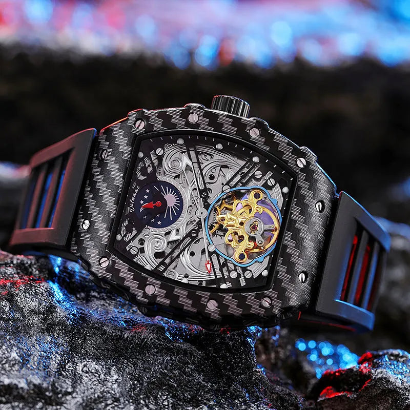 Mechanical men's waterproof watch with luminous dial on a coloured rubber strap
