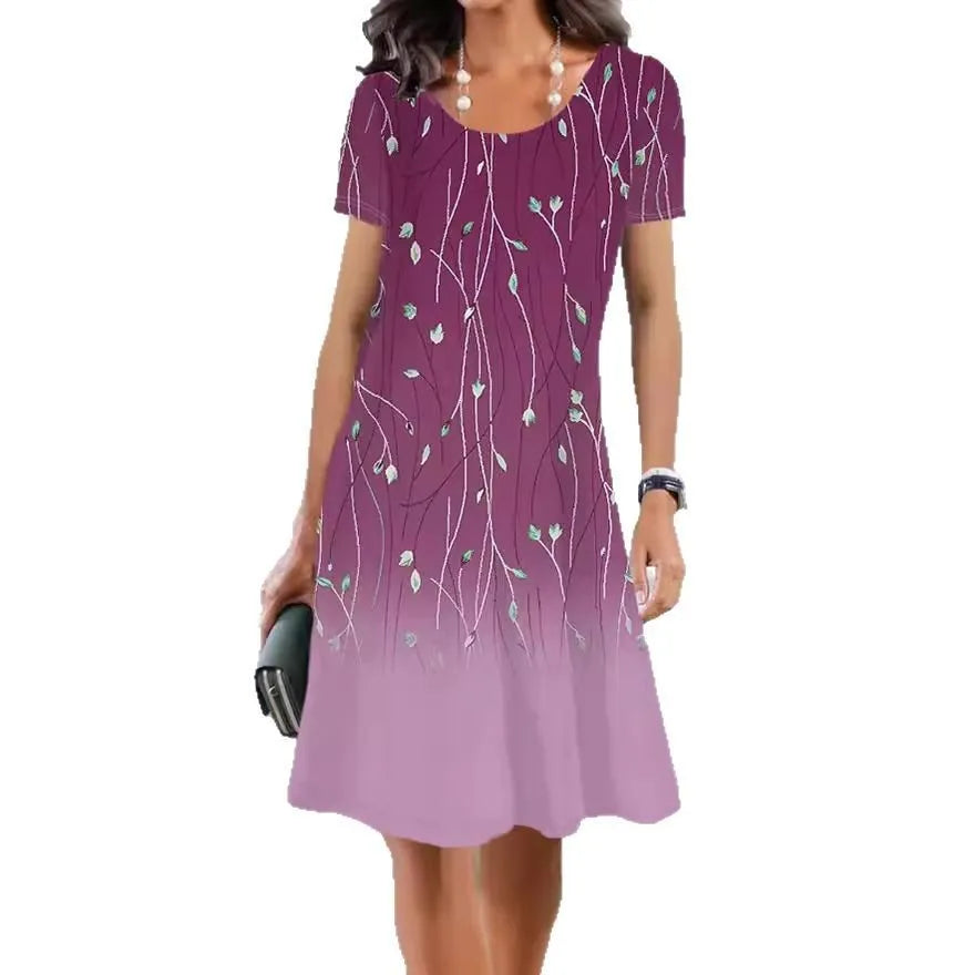Women's ice silk A-line midi dress with short sleeves and a painted botanical print