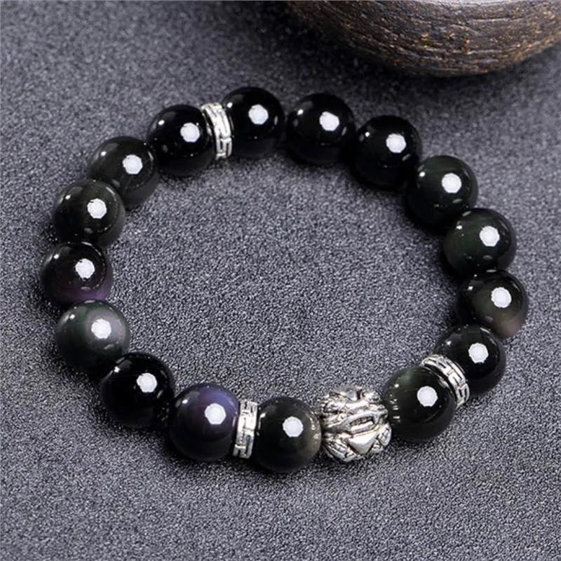 Obsidian bracelet with silver clasp showing male 12MM and female 10MM size options