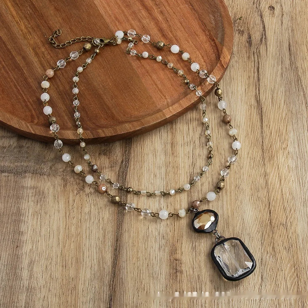 Two-layer tribal style necklace with natural stone and glass pendants on alloy chain