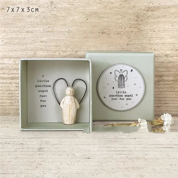Boxed modern style resin Guardian Angel ornament gift for friends.