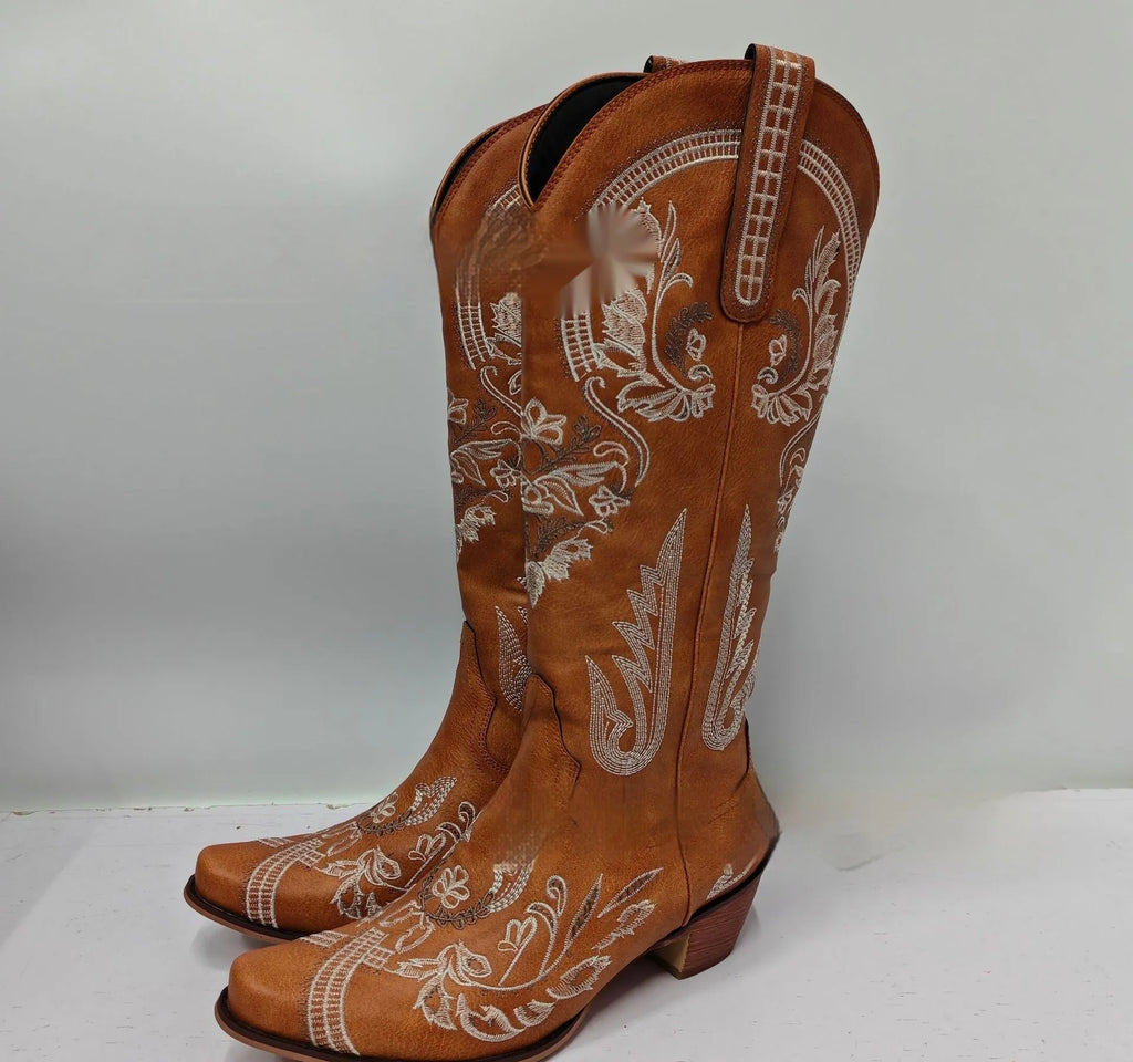 Embroidered rhinestone thick high heel side zipper high-top boots for women in beige with non-slip rubber sole