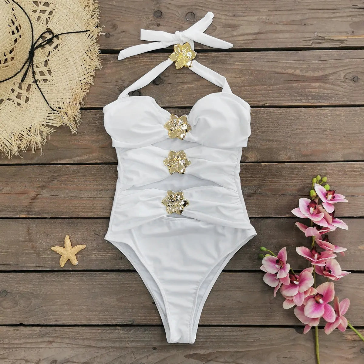 Women's solid colour one-piece swimsuit with matching short skirt in high-waisted tankini style