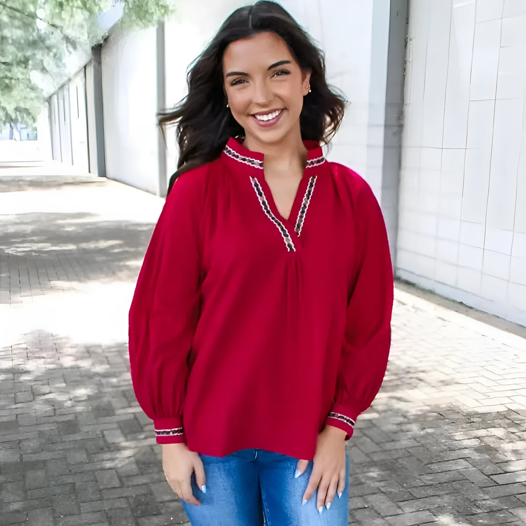 Women's red embroidered collar printed shirt loose fit pullover top polyester