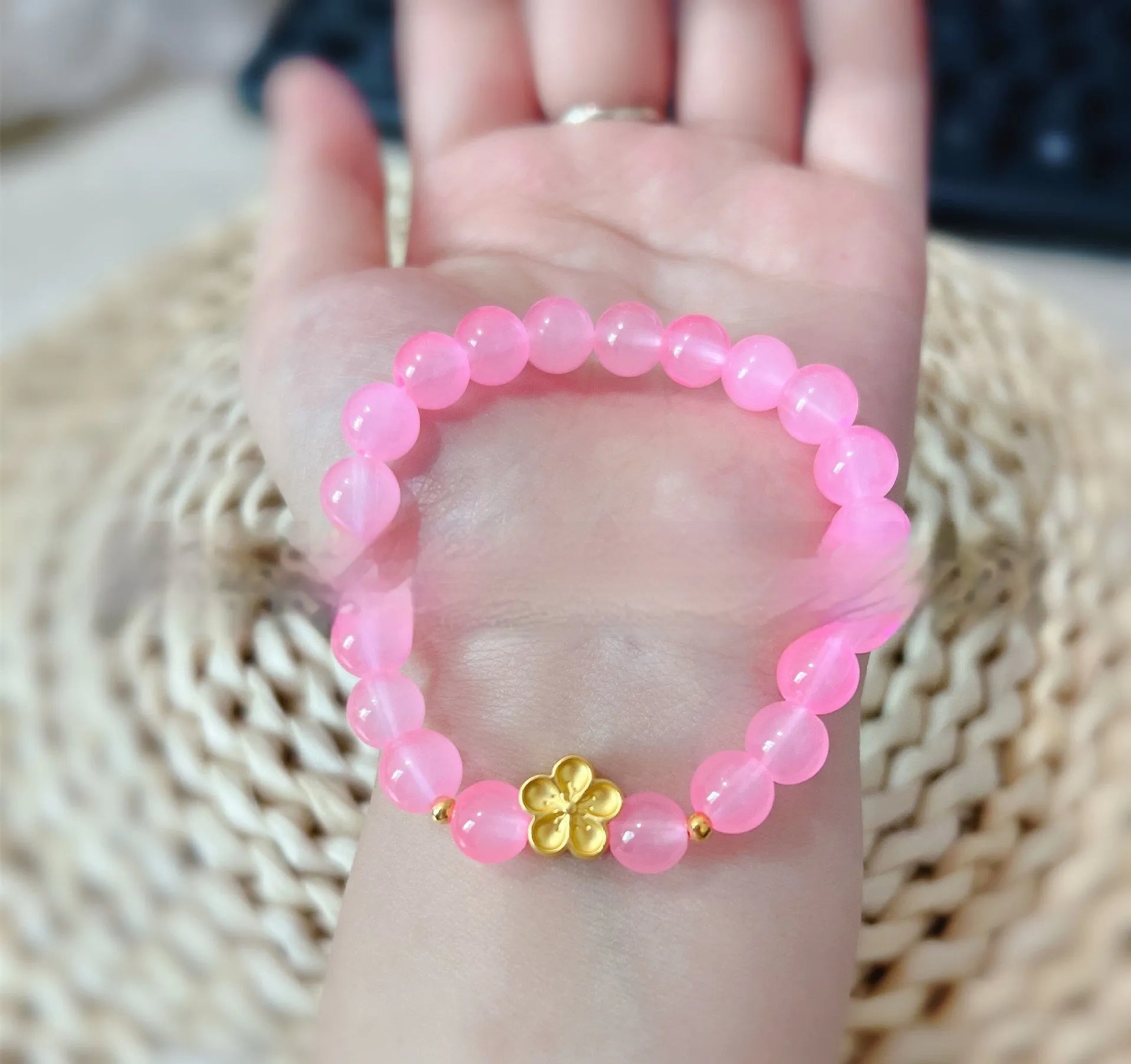 Women's aquamarine crystal bracelet with pink and blue dopamine colours, round geometric beads, handcrafted mixed materials