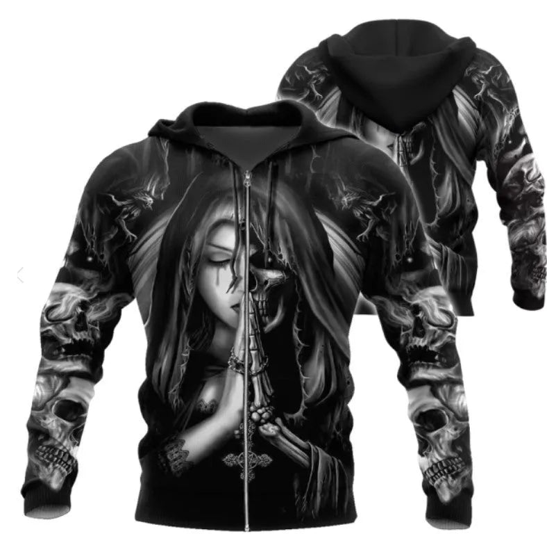 Halloween-themed casual hooded sweatshirt with a 3D anime skull design on the front.