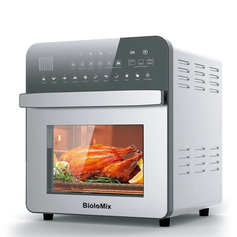 Silver stainless steel double heating air oven with 15L capacity and electronic touch panel