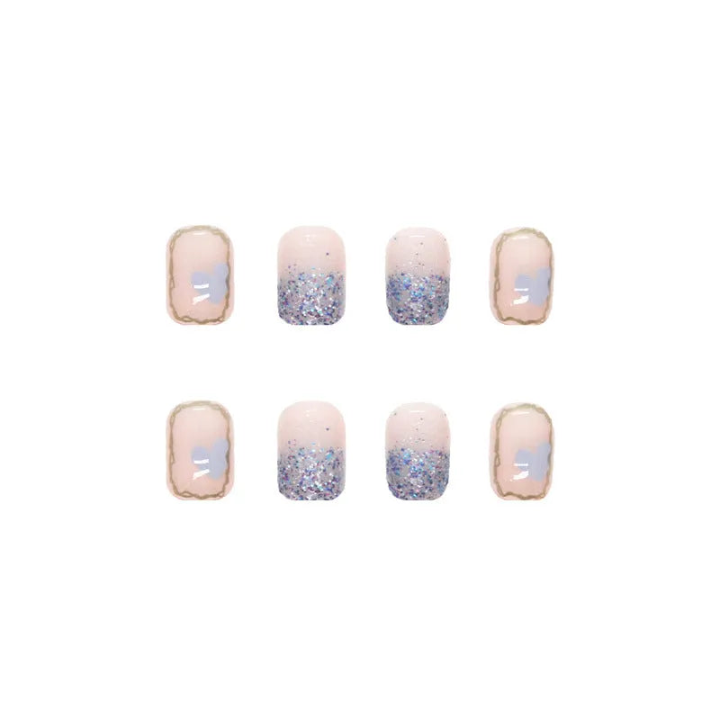 Nude short square fake nails 24pcs in R593 cream colour with glue in box