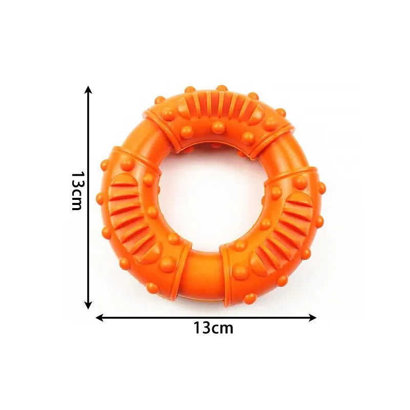Lightweight hollow dog fetching stick toy in blue, orange, or red, showing bendy plastic construction for safe chewing and fetch games.