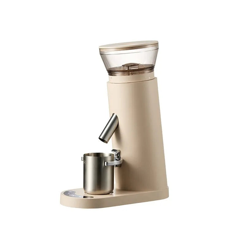 Portable electric coffee grinder machine with stainless steel reservoir in retro style beige colour