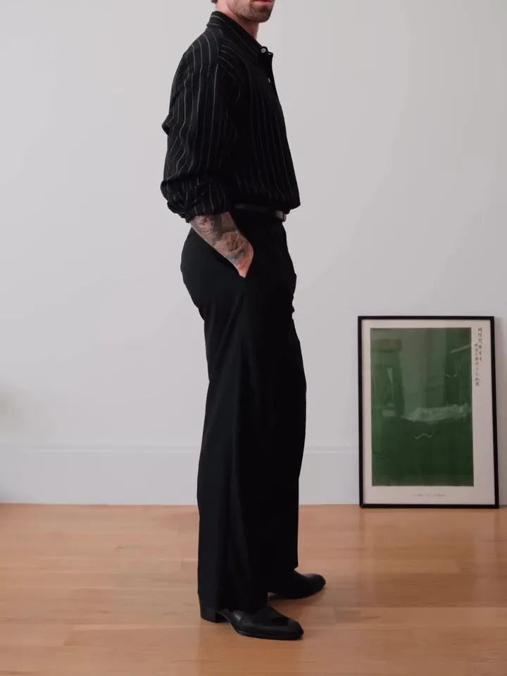 Black pinstriped button-down shirt with regular fit and long sleeves