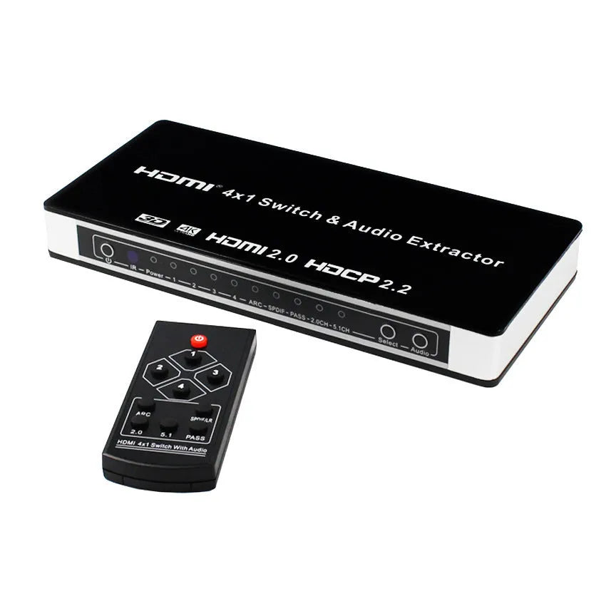 Black 4x1 HDMI switcher with remote control for audio and video signal distribution