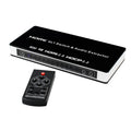 Black 4x1 HDMI switcher with remote control for audio and video signal distribution