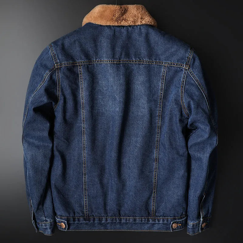 Men's blue fleece-lined denim jacket with patch pockets and cotton lining