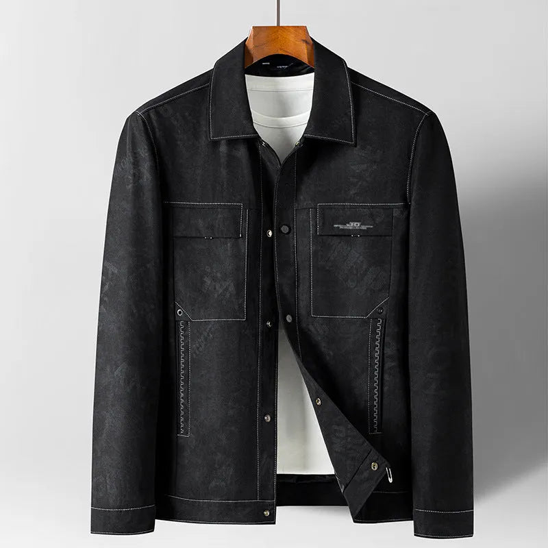 Men's grey denim jacket coat with lapel collar and multiple pockets, slim fit, front view