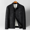 Men's grey denim jacket coat with lapel collar and multiple pockets, slim fit, front view