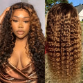 Medium volume long curly lace wig with gradient highlights in light gold colour for face shape modification