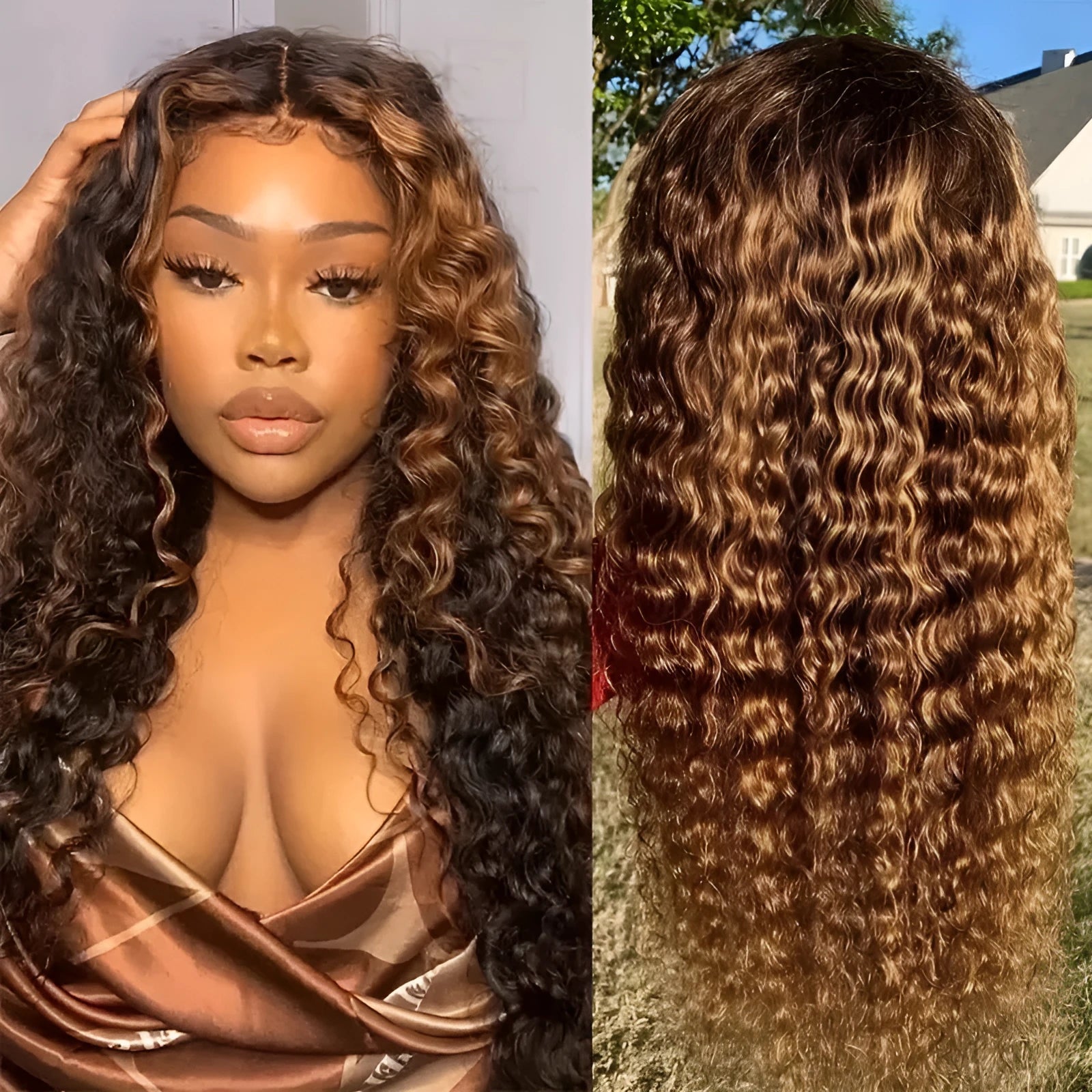 Medium volume long curly lace wig with gradient highlights in light gold colour for face shape modification