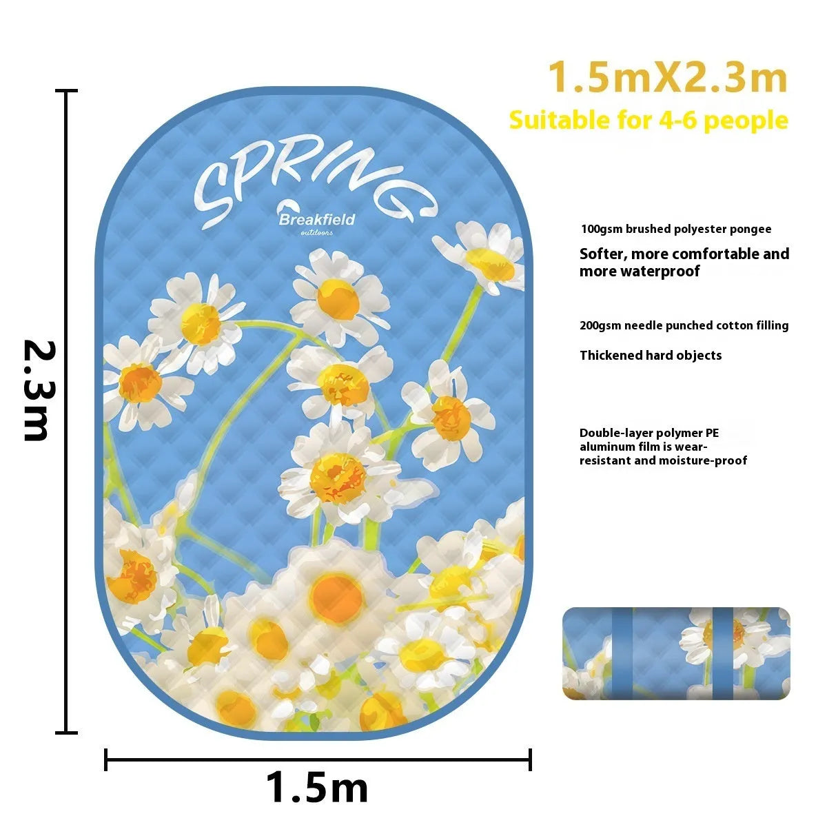 Waterproof outdoor picnic mat in a seasonal colour, shown unrolled on grass.