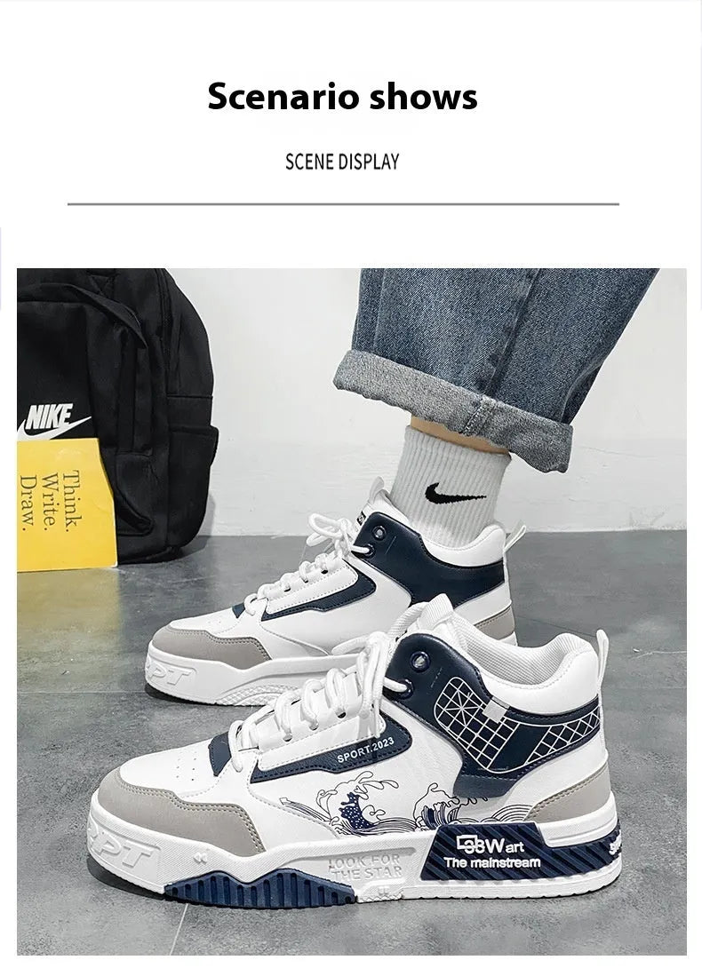Men's beige, white and blue high-top board shoes with lace-up front and rubber sole.