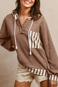 Straw yellow women's hoodie with waffle texture, striped patchwork, button neck and drawstring hood