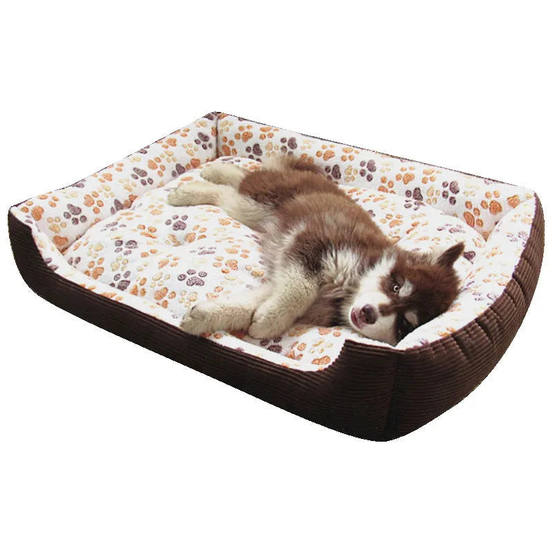 Beige soft plush dog bed sofa with raised sides and a removable zip-off cover.