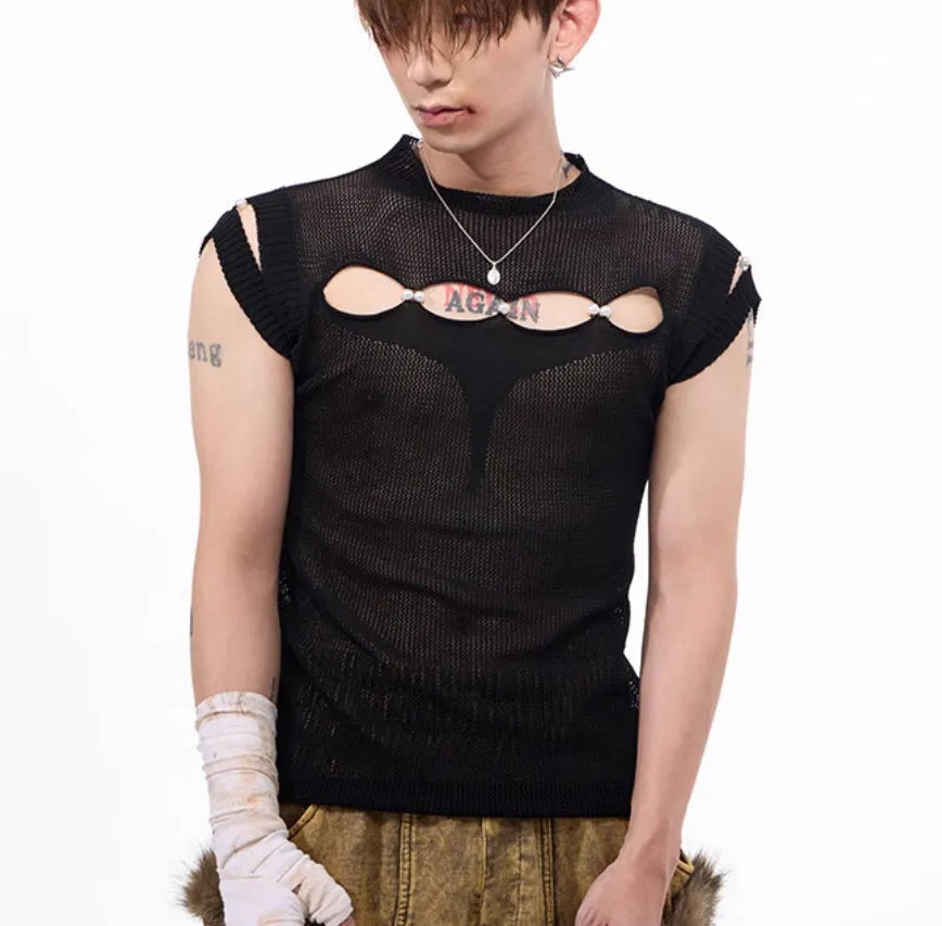 Dark hollow-out knitmesh sleeveless T-shirt in black with round collar and regular length