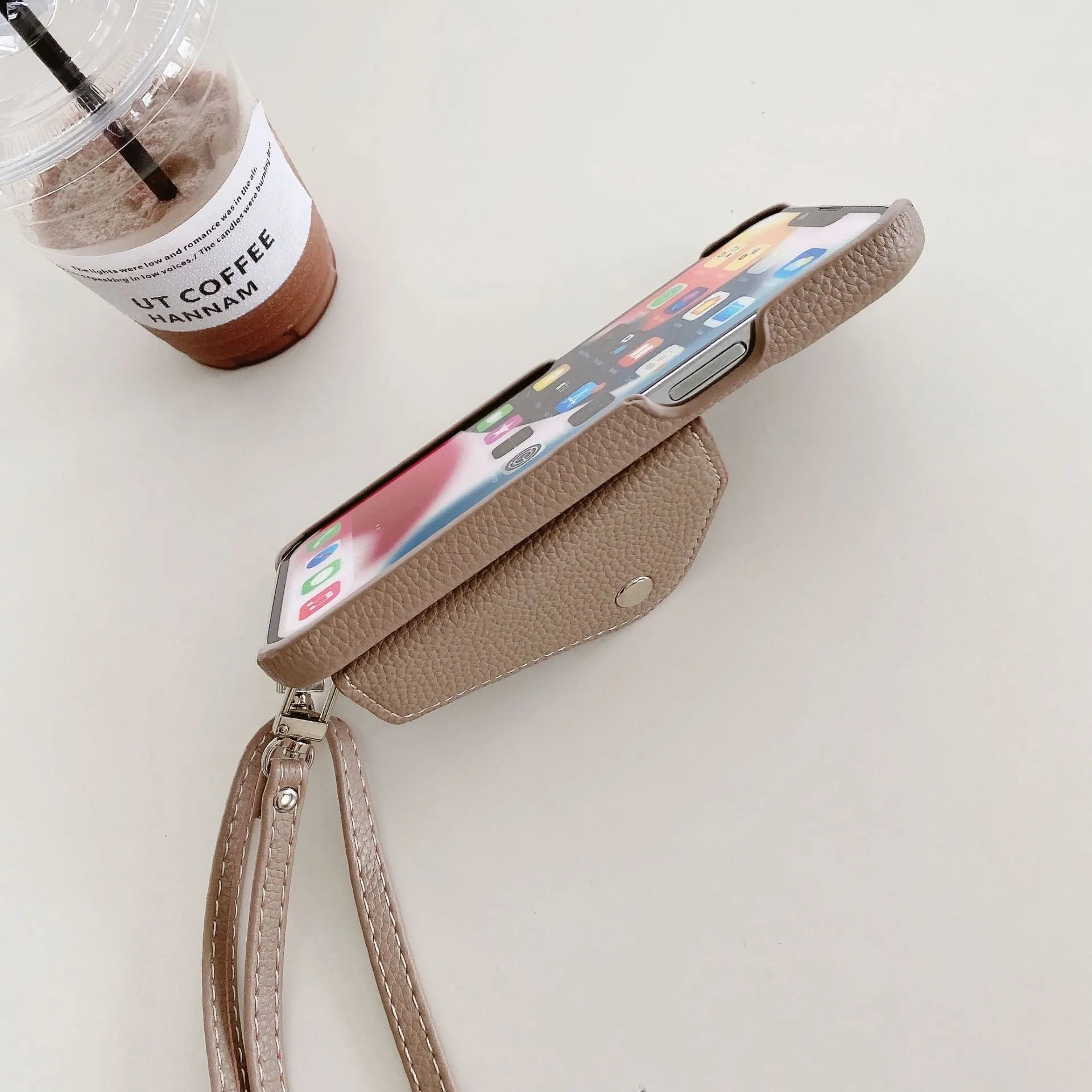 Lychee pattern triangle veil card holder crossbody phone case for iPhone 13 14 15 with lanyard, black colour