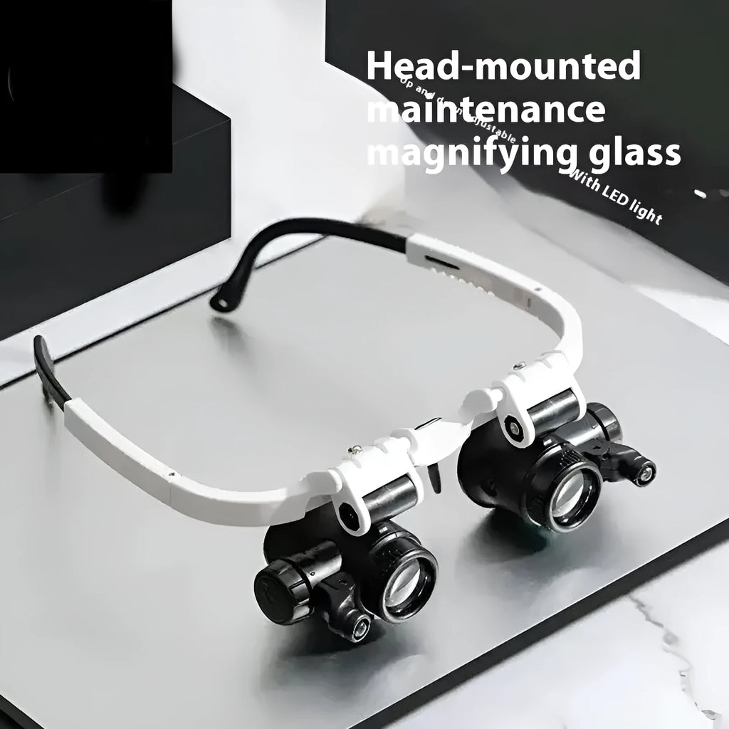 White head mounted magnifying glass with LED light, shown folded and unfolded.