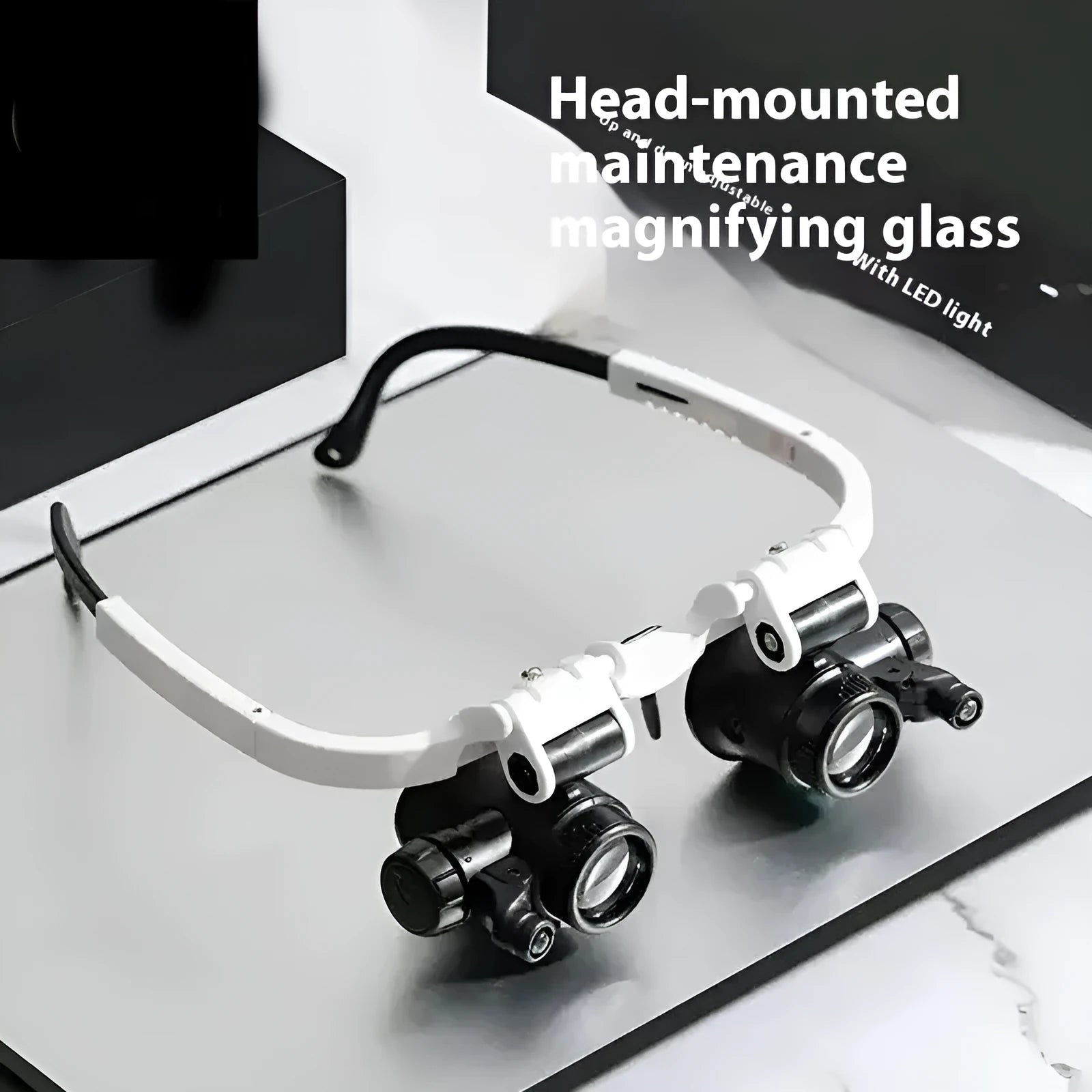 White head mounted magnifying glass with LED light, shown folded and unfolded.