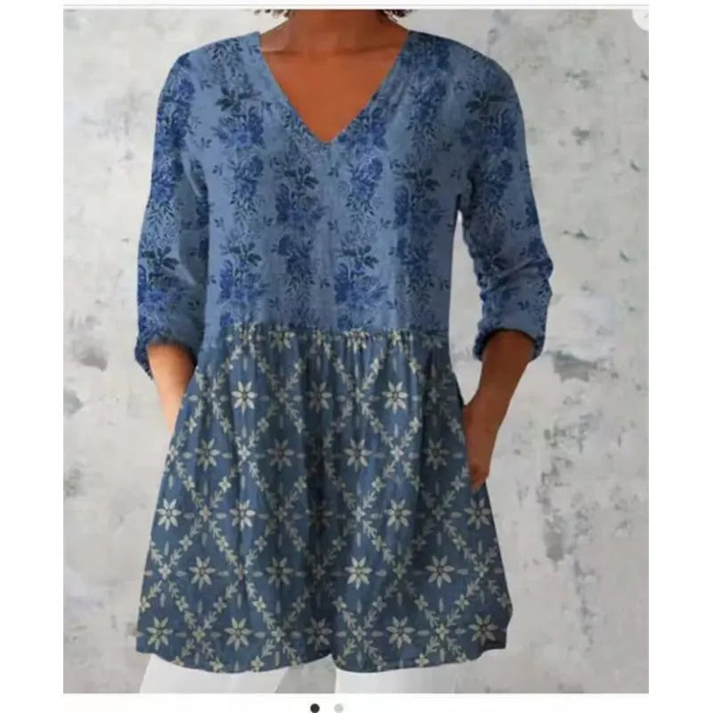 Women's printed loose dress with wave pattern, 3/4 sleeves and elastic waistband
