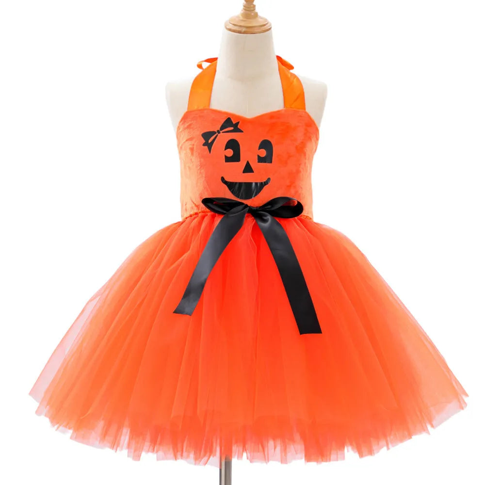 Children's creative festival Halloween cute pumpkin girl dress in orange yarn with mesh fabric and sling style