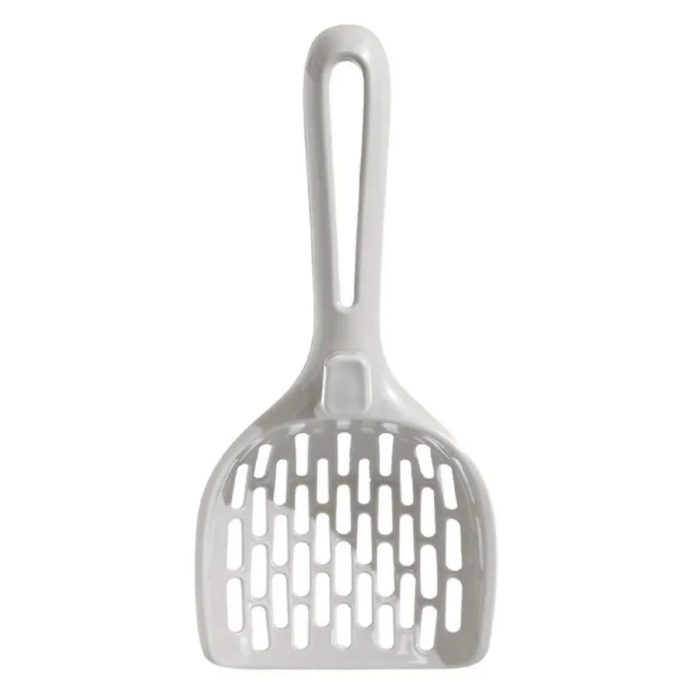Grey plastic cat litter scoop with matching base for litter box cleaning