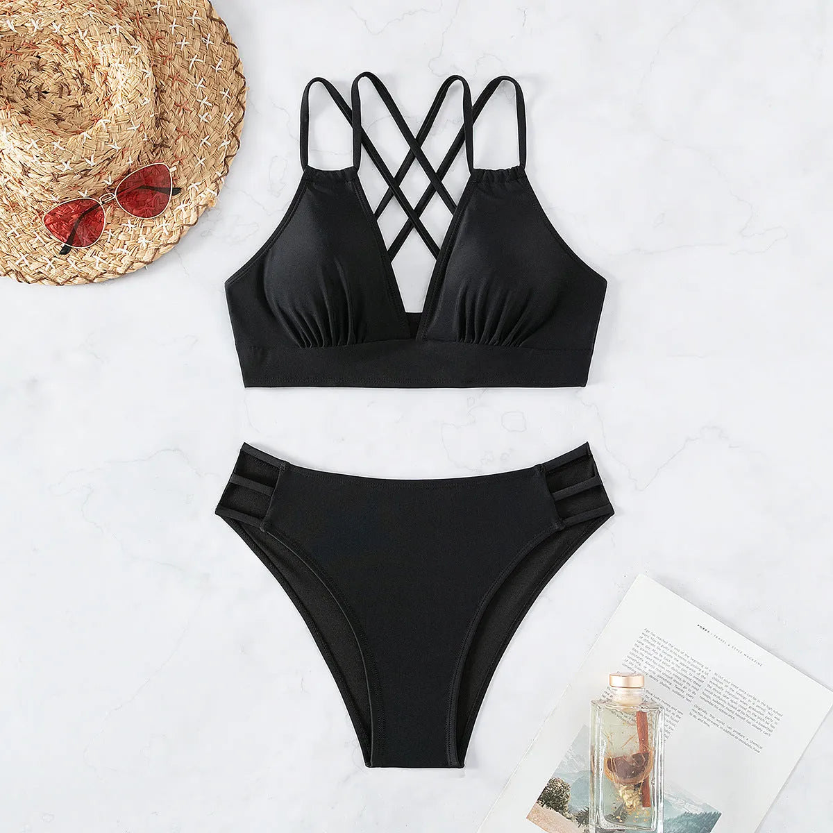 Women's black halter neck V-neck bikini swimsuit with split-style bottoms